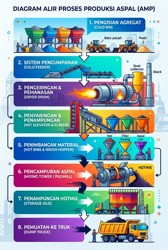 alur proses produksi aspal mixing plant
